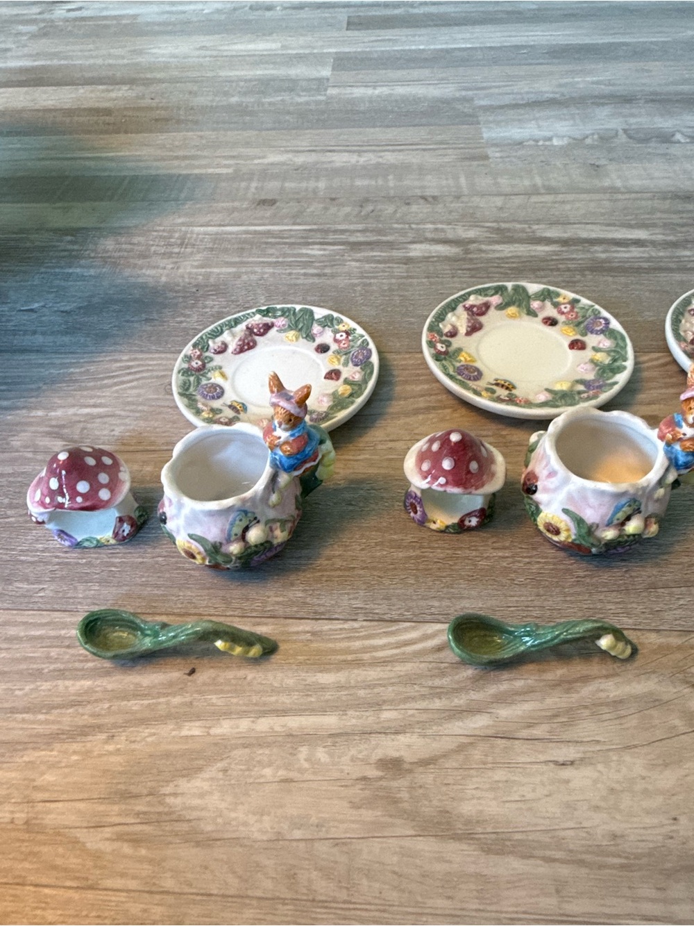 Hand-Painted Ceramic Bunny and Mushroom Sugar Bowl Set - Green and Red